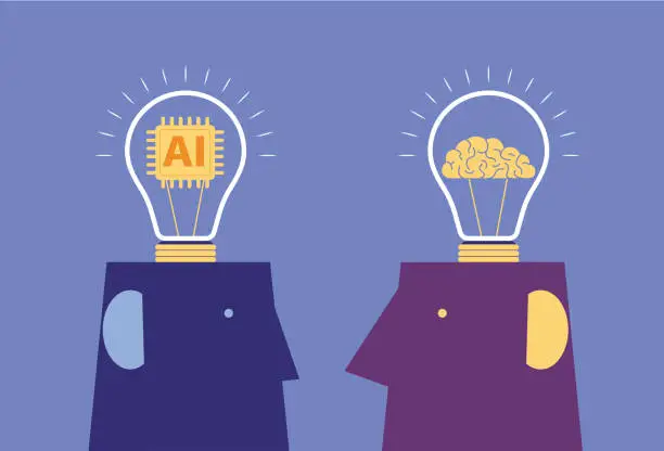 Vector illustration of AI light bulb talking to brain light bulb