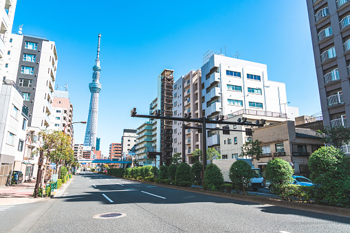 Tokyo sky tree locate on the street in Tokyo town when clear sky, Japan