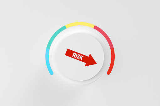 Risk management and maximum risk concept. Level or volume knob showing high level of risk on white background. 3d render.