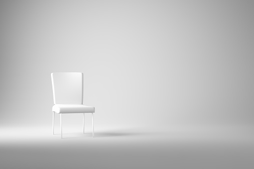 Modern white chair standing in interior empty white room with copy space. 3D Render.