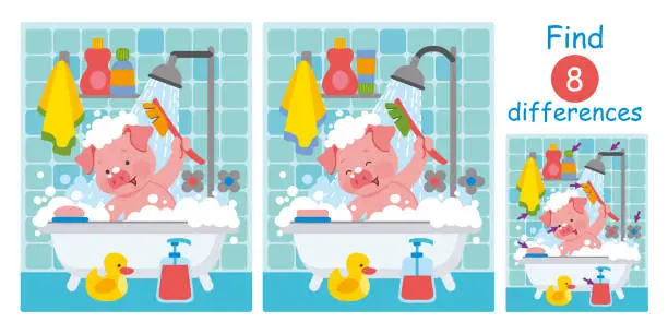 Vector illustration of Find differences, education game for children. Cute cartoon little pig in bath with duck, soap foam and bubbles. Flat vector illustration.