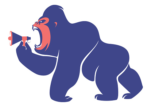 vector illustration of gorilla holding loudspeaker and roaring