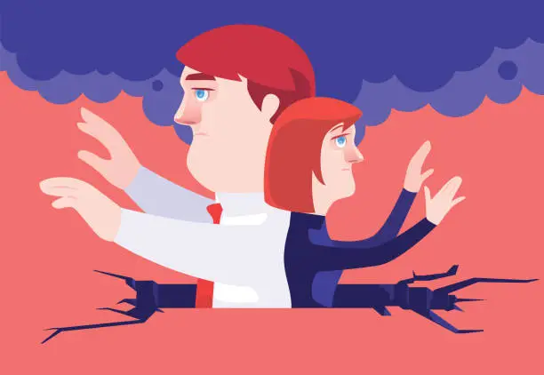 Vector illustration of couple waving while trapped in cracked ground