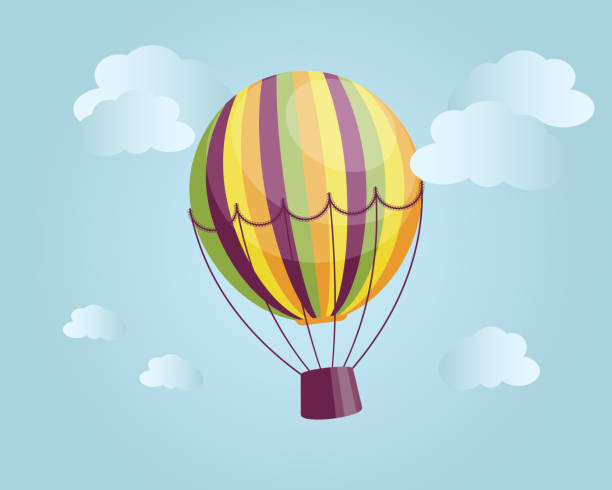 ilustrações de stock, clip art, desenhos animados e ícones de illustration, colorful striped hot air balloon on the background of a landscape with clouds. - air nature high up pattern