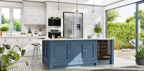 Modern Kitchen Interior design of a kitchen in a modern house with an open terrace kitchen island stock pictures, royalty-free photos & images