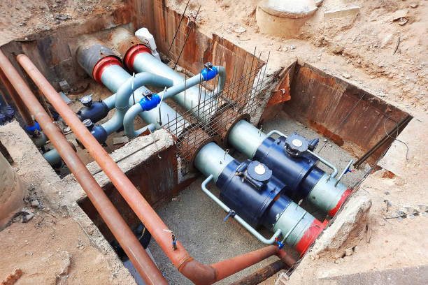istock Pipe replacement. Installing PVC pipe conduit running through trench filled with dirt. Laying heating pipes in trench at construction site. 1499715358