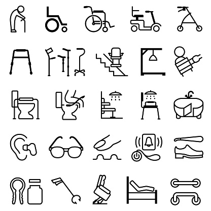 Single color isolated outline icons of disability aids