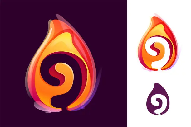 Vector illustration of 9 logo. Number nine in fire flame. Negative space 3D realistic icon. Vibrant initial in overlapping watercolor style.