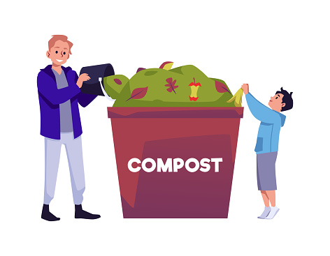 A man with a boy throw away organic food into a compost bin. Vector illustration isolated on white background. Trying to save planet earth and following vegan diet. Recycling, Zero wast concept.