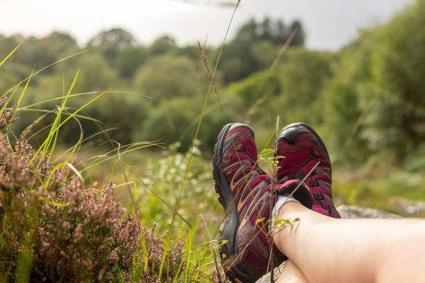 A point of view of an unrecognisable person sitting with their hiking boots on whilst hiking in Loch Torridon in the Scottish Highlands. The person has stopped next to some heather which can be seen at their feet.