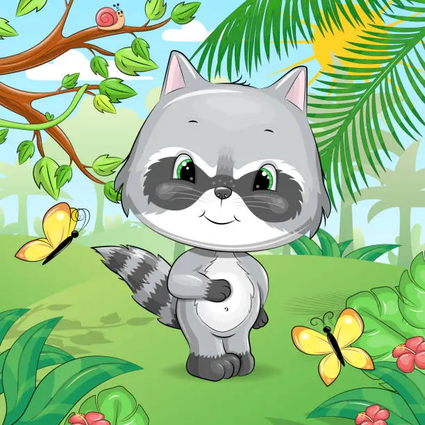 Vector illustration of Cute cartoon raccoon in the forest.