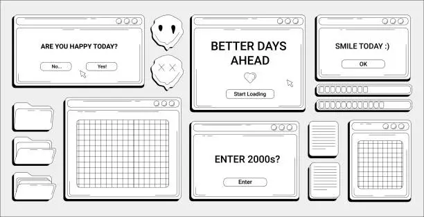 Vector illustration of Trendy Y2K set with retro computer windows with copy space, folders, loading indicators and documents, 2000s retro open dialogue windows.