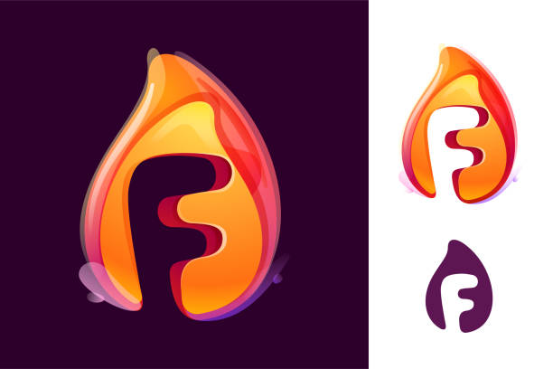 ilustrações de stock, clip art, desenhos animados e ícones de f letter logo in fire flame. negative space 3d realistic icon. vibrant initial in overlapping watercolor style. - letter f flash