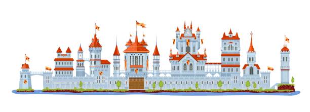 Knight stone castle and fortress, gate, tower Knight stone castle and fortress. Gate, tower and turret, bridge, fort, wall and palace. Cartoon vector medieval building exterior, isolated architecture facade with wooden closed door and red flags fairy door fairy tale antique stock illustrations