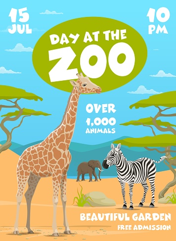 Zoo flyer with African savannah safari animals, Africa wild animals vector poster. Natural park or zoo for kids entertainment, flyer with African elephant, zebra and giraffe in savannah forest