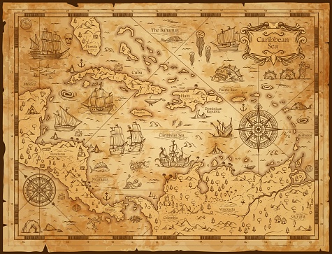 Old vintage map of caribbean sea. Vector worn parchment with ships, islands and land, wind rose and cardinal points. Fantasy world, vintage grunge paper, pirate map with travel locations and monsters