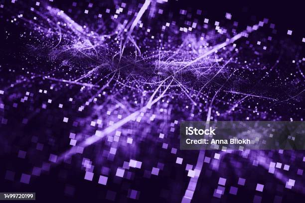 Web3 Network Metaverse Abstract Pixel Nft 5g Connection Communication Speed Futuristic Neon Ultraviolet Grid Pattern Technology Black Background Street Disco Light Beam Ombre Flying Flowing Vitality Morphing Glowing Motion Time Machine Pixel Fractal Art Stock Photo - Download Image Now