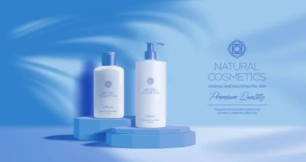 Vector illustration of Blue cosmetics podium mockup or product display ad