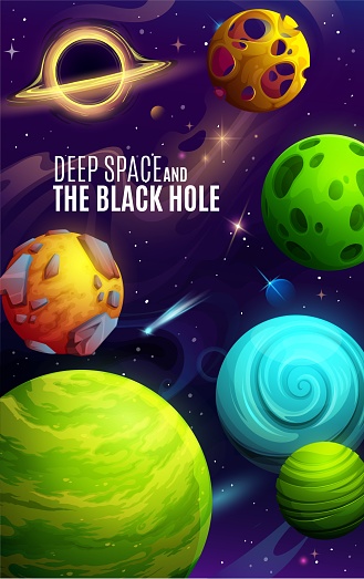 Cartoon galaxy planets and deep space poster. Astronomy exploration, space research or galaxy adventure vector leaflet. Universe discovery vertical banner or flyer with black hole, fantasy planets