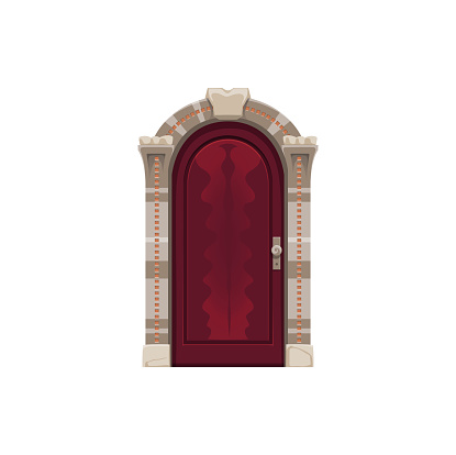 Front door with stone doorway. Isolated vector wooden brown grand front entrance with rocky arch evokes a sense of luxury and security, giving a regal welcome to visitors. Closed entry ui game asset