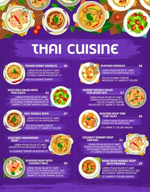 Vector illustration of Thai cuisine menu, Thailand dishes, noodles, soups