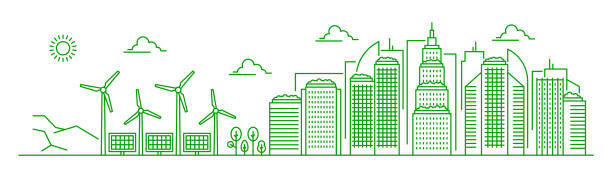 ilustrações de stock, clip art, desenhos animados e ícones de eco city landscape with green energy buildings - renewable energy alternative energy technology solar energy