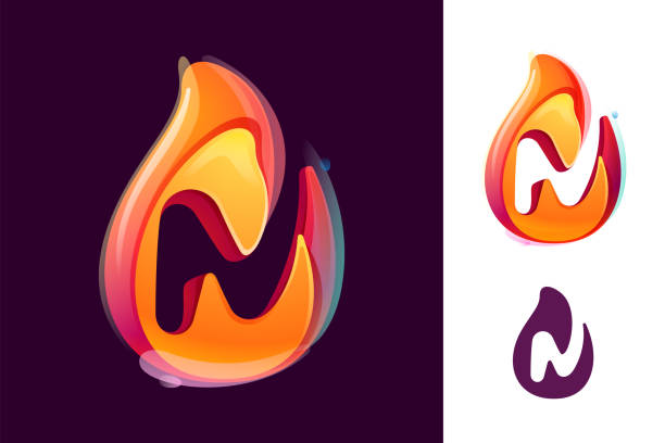 n literowe logo w płomieniu ognia. negatywna przestrzeń 3d realistyczna ikona. żywy inicjał w nakładającym się stylu akwareli. - letter n flash stock illustrations