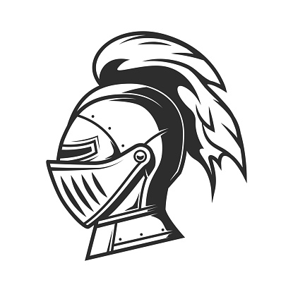 Knight warrior helmet with plume, heraldry armor of medieval army soldier. Vector ancient great helm or armet with visor isolated symbol. Knight, gladiator, spartan fighter or soldier helmet side view