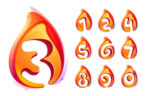 Vector illustration of Numbers set in fire flames. Negative space 3D realistic icons. Vibrant initials in overlapping watercolor style.