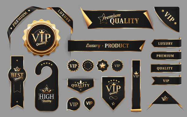 Golden luxury labels and banners, quality badges Golden luxury labels and banners. Vector premium quality badges, ribbons, curly corners, tags and vip product gold emblems or sticker seals with stars and crowns on glossy silky surface isolated set label sale seal stamper badge stock illustrations