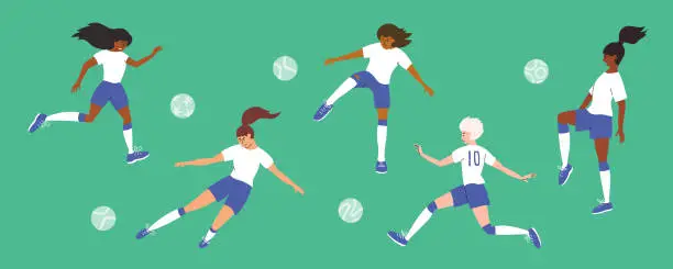 Vector illustration of Isolated vector illustrations of diversity female soccer players in white blue sport wear playing ball on green football field
