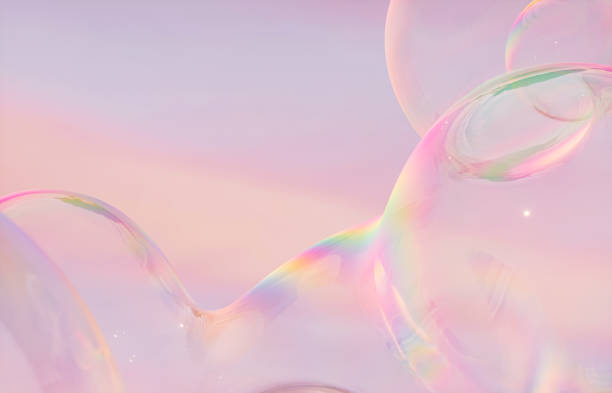 Abstract 3d art with holographic soap bubbles floating on sky background. fluid. liquid blobs.