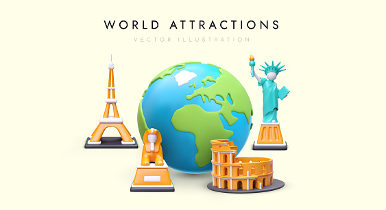 Poster with 3D sights of world. Landmarks of different continents. Travels around globe. Choose where you want to go on vacation abroad. Realistic color illustration in cartoon style