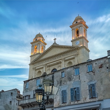 Bastia in Corsica, the saint-jean-baptiste church in the old harbor, sunset