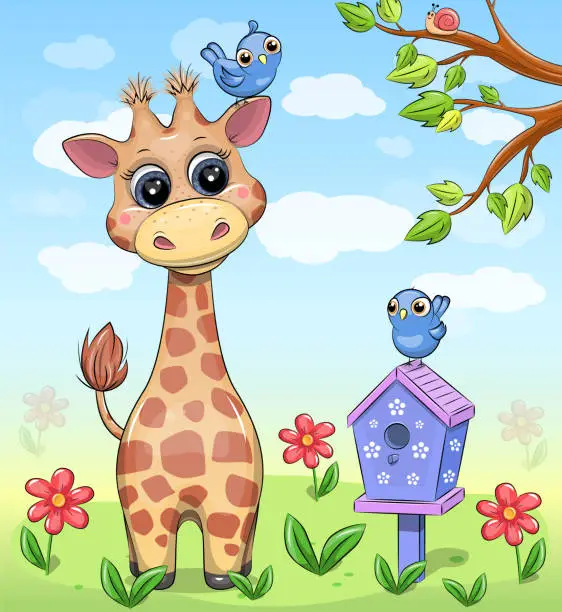 Vector illustration of Cute cartoon giraffe with birds and birdhouse in nature.