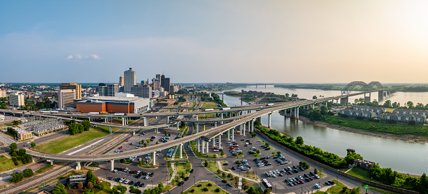Aerial view over the Memphis skyline and Hernando do Soto Bridge