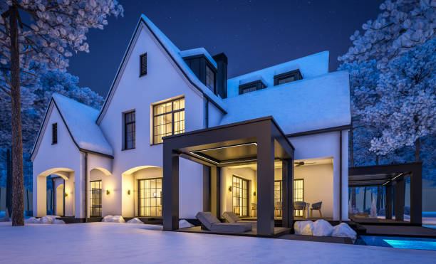 3d rendering of white and black modern tudor house in winter night - house residential structure non urban scene tudor style imagens e fotografias de stock