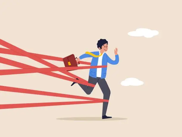 Vector illustration of Challenge to overcome to success concept. Business difficulty or struggle with career obstacle, limitation and trap, businessman tied up with red tape trying to run away with full effort.