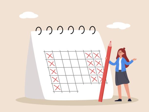 ilustrações de stock, clip art, desenhos animados e ícones de businesswoman manager put holiday on calendar to make company 4 day work week. 4 day work week, reduce working day to increase efficiency and productivity, flexible work day for employee benefit. - dia