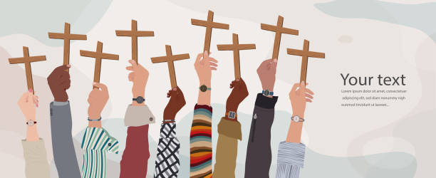 ilustrações de stock, clip art, desenhos animados e ícones de group of multicultural christian people hands raised holding a wooden crucifix. christian worship.praying or singing. concept of faith and hope in jesus christ. copy space banners - cross cross shape christianity hope