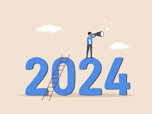 Vector illustration of Year 2024 outlook. Year review or analysis concept. Economic forecast or future vision, business opportunity or challenge ahead, confidence businessman with binoculars climb up ladder on year 2024.