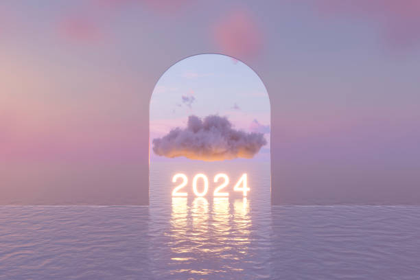 2024年のネオンライトテキストと海に雲