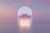 2024 neon light text with cloud on sea