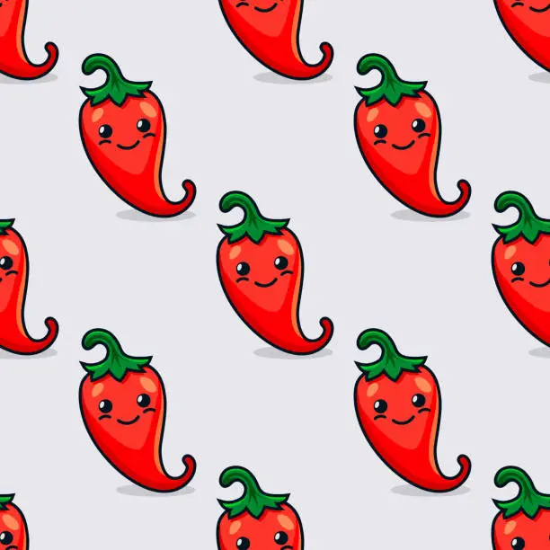 Vector illustration of Vector Seamless Pattern with Cartoon Cute and Funny Scares Red Hot Chili Peppers. Kawaii Style. Fresh Chili Hot Pepper with Sad Face, Upset Emotion. Vector Illustration