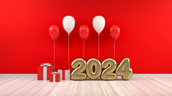 2024 New Year Balloons in Room, Red Wall, Christmas Concept. Digitally generated image.