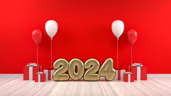 2024 New Year Balloons, Empty Frame in Room, Red Wall, Christmas Concept. Digitally generated image.