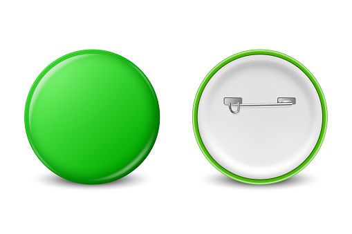 Vector Realistic Green Round Blank Empty Button Badge Set Closeup Isolated on White Background, Front, Back View. Button Pin Badge Design Template. Brooch Pin for Branding, Mockup.