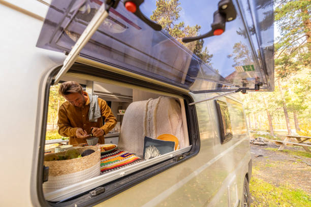 istock Man preparing food inside his camper van. Camping concept 1499731146