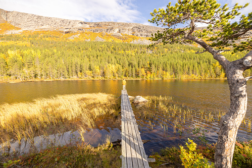 Man enjoying peaceful environment in Norway. Lake and green mountains.\nHe relaxes on a wooden pier.