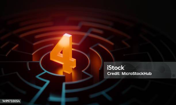 Glowing Number 4 Sitting At The Center Of A Maze Illuminated By Orange And Blue Lights Stock Photo - Download Image Now